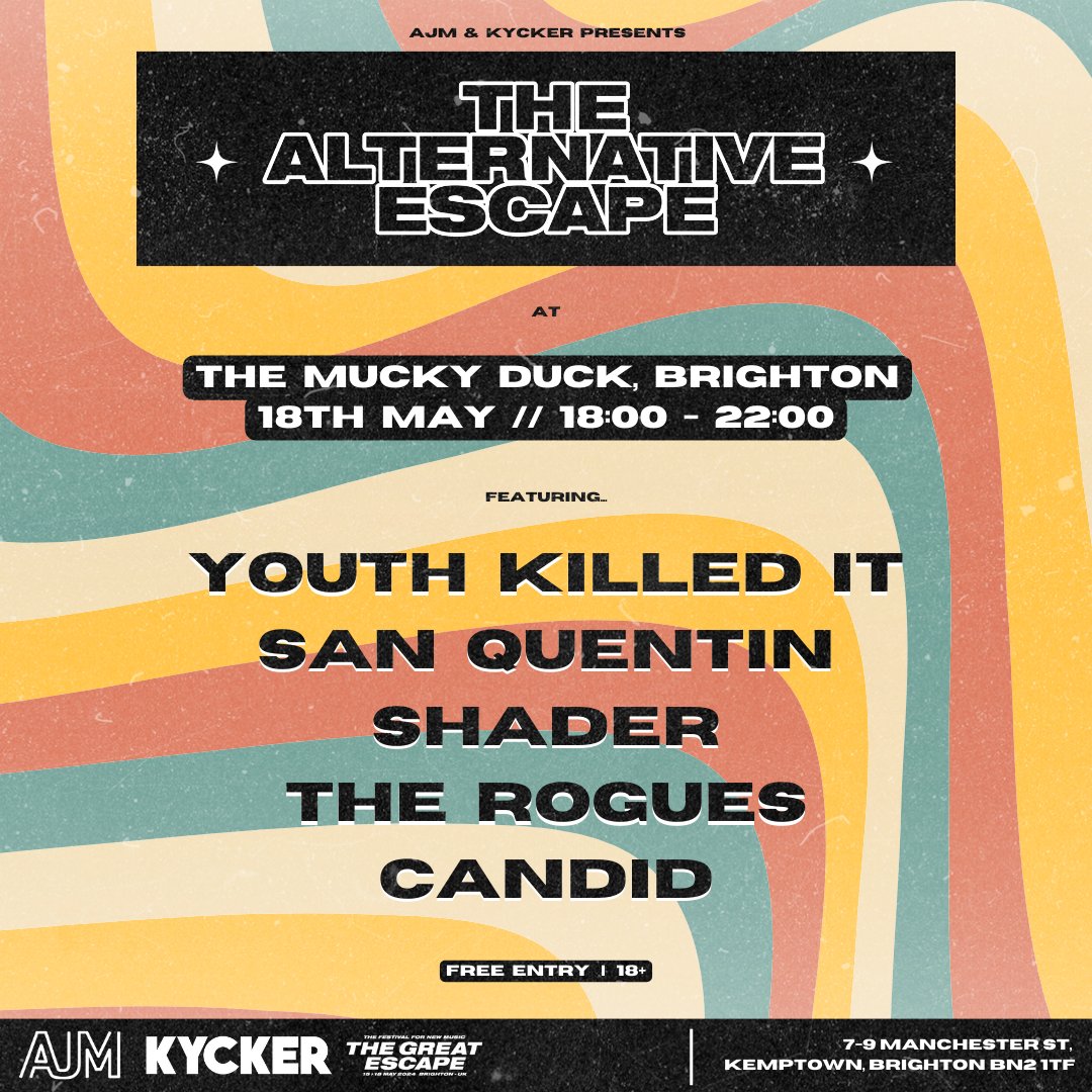 AJM & @KyckerMusic are hitting up @thegreatescape this year with an official stage as part of The Alt Escape! Head down to The Mucky Duck on the 18th May from 6pm to see this killer line up! 🎶It's Free Entry!