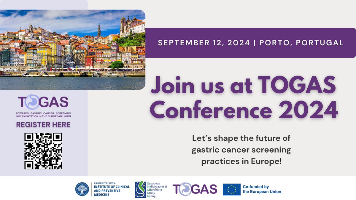 Join us at the TOGAS project's 2nd conference!
📅 Sep 12 2024
📍 Porto, Portugal
#TOGASConference invites Member State reps, experts, & advocates to shape gastric cancer screening in Europe. Register via QR code. Let's collaborate for a healthier future! #GastricCancer #EU4Health