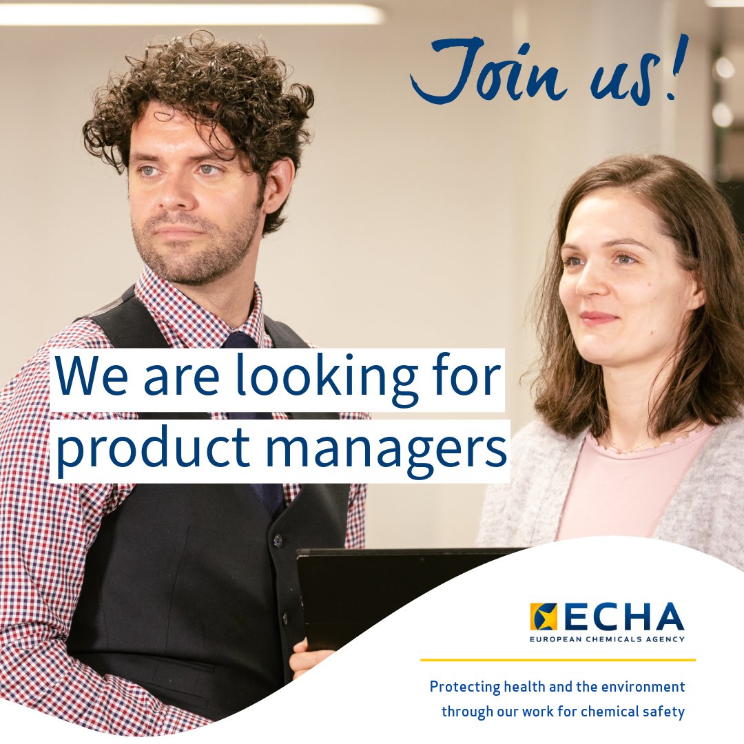 #EUJobs - We are looking for a product manager to lead the development of ECHA's fit-for-purpose IT products. 

If you have knowledge in regulatory processes & IT tools, check the vacancy and apply until noon 15 May 2024 to work for #ChemicalSafetyEU.

🔗fcld.ly/jobsitproductmt