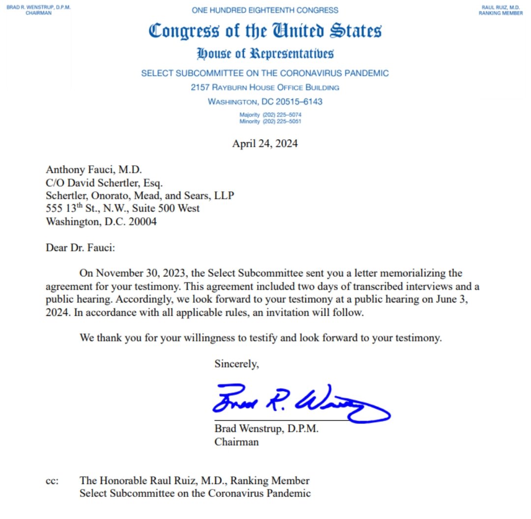 Dr. Fauci agrees to testify publicly before Congress on covid origins and pandemic policies for the first time since his retirement. He will testify before the House Select Subcommittee on the Coronavirus Pandemic on June 3, 2024.