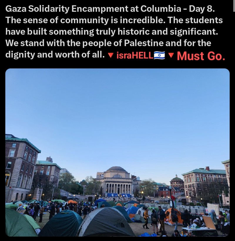 #GazaSolidarityEncampment
#BoycottColumbiaUniversity
#BoycottIsraeliProducts
#BoycottNYCColumbia
#Fight Fight. The. Powers. That. Be.
𓂆 Don't. Stop. Talking. About. 
#PalestineGaza 🇵🇸
#DontStopTalkingAboutPalestineGaza🇵🇸
#Palestine_Genocide 
#PalestineGenocide 
#PalestineFree…