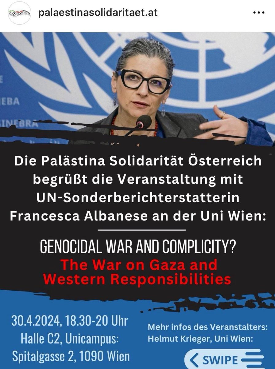 UN-Sonderberichterstatterin Albanese sprach in der Vergangenheit von einer 'jüdischen Lobby', die 'Amerika & Europa unterwerfen' würde. Heute leugnet sie den antisemitischen Charakter des Massakers vom 7. Okt. Dass sie an der @univienna einen Vortrag halten soll, ist untragbar.