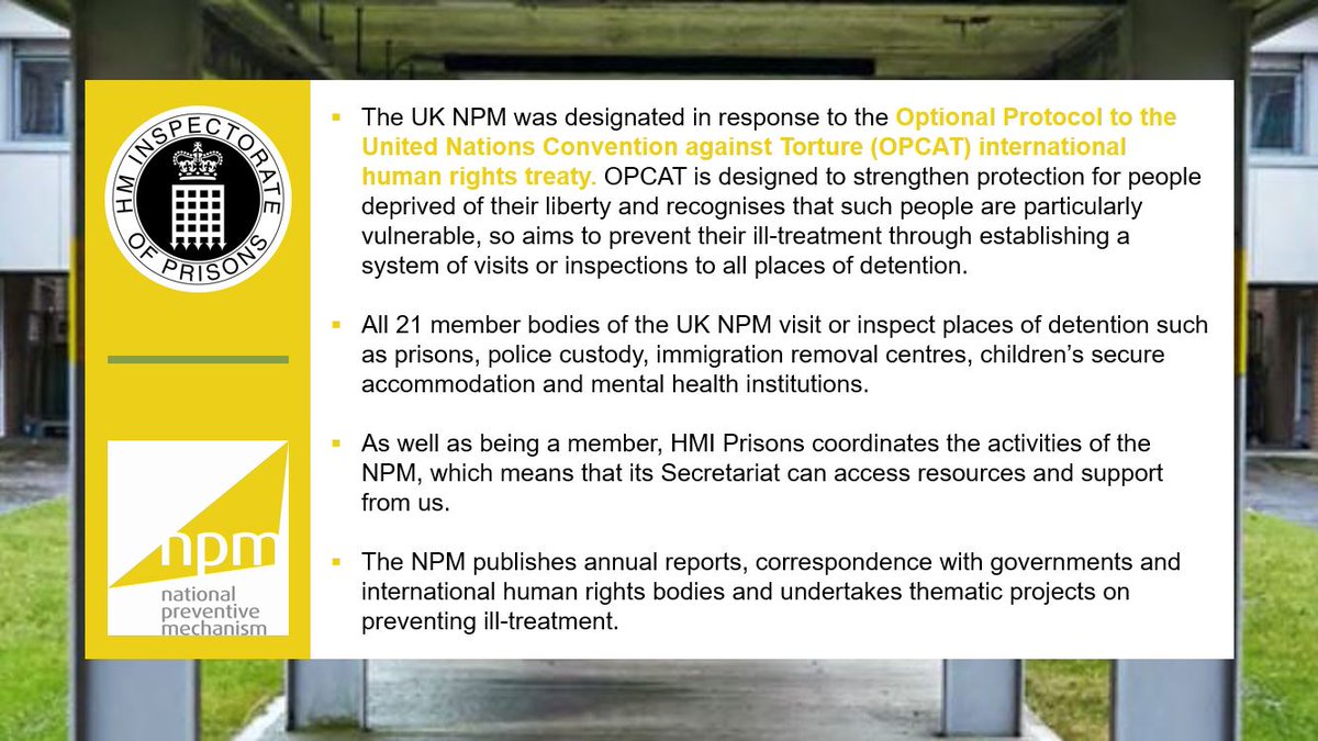 Yesterday was the first day of the 🟨National Preventive Mechanism’s (NPMs) 15th Annual Conference in Cardiff 🟨 #UKNPM15 HMI Prisons has been a member of the UK NPM since it was designated in 2009. To find out more read below or visit their website: nationalpreventivemechanism.org.uk