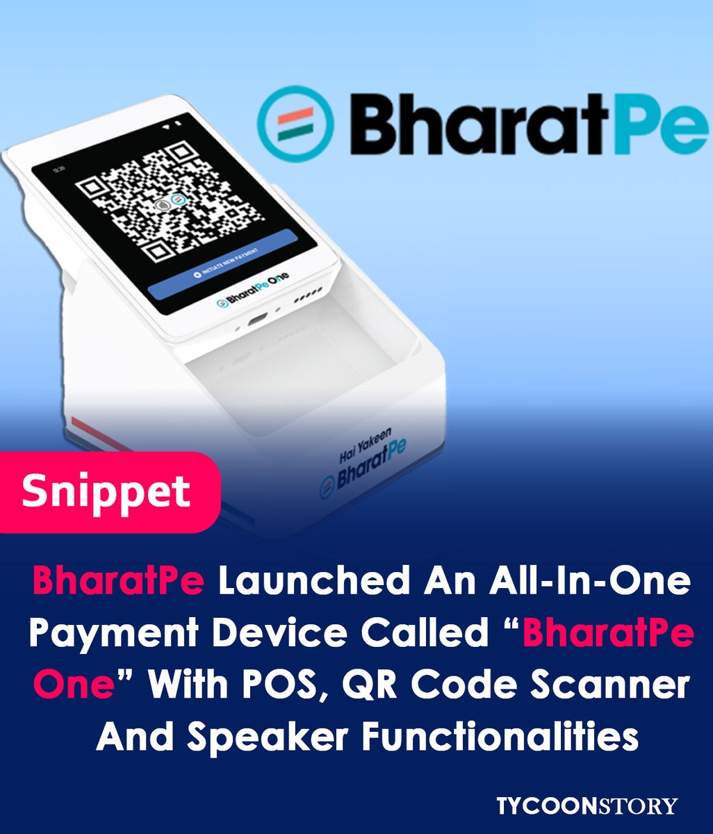 BharatPe launched an all-in-one payment device called BharatPe One
#BharatPeOne #AllInOnePayment #FintechInnovation #DigitalPayments #PoSsystem #QRcodePayments #SMEgrowth #CashlessTransactions #Convenience #MadeInIndia #FinancialInclusion #DigitalIndia @bharatpeindia
