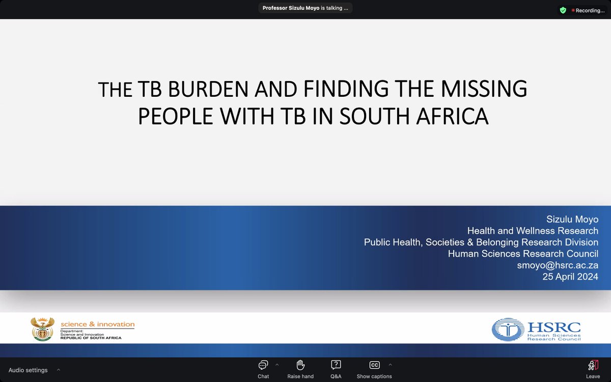 Prof. Sizulu Moyo from @HSRCza shares her presentation titled: TB Burden and Finding the Missing People with TB in South Africa. #EndTB