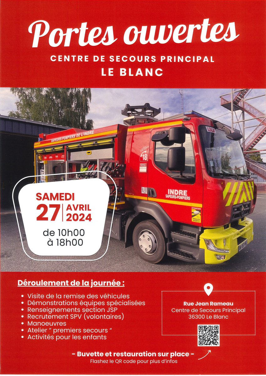 #PortesOuvertes 👨‍🚒 Ce samedi 27 avril, les sapeurs-pompiers du Blanc vous accueillent toute la journée au centre de secours principal. Pour les petits et les grands, de nombreuses animations au programme ⤵️