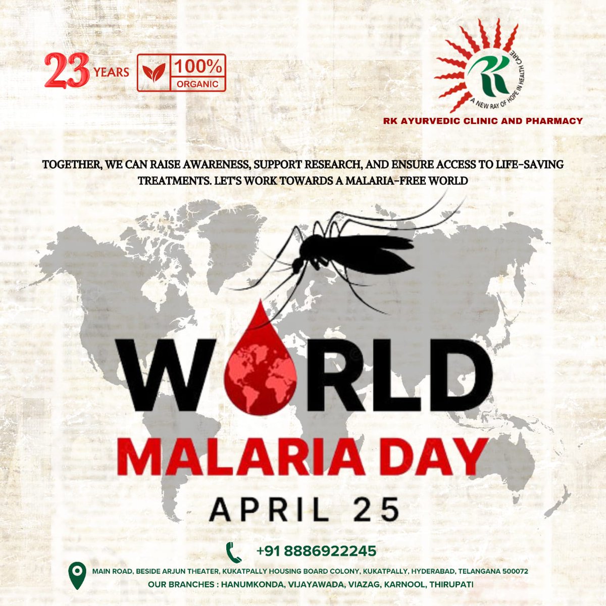 'On World Malaria Day, let's unite against this ancient threat. Together, we can prevent, diagnose  and treat malaria, saving lives and moving closer to a malaria-free world. 
#RKAyurvedicClinicandPharmacy #WorldMalariaDay #MosquitoBorne #MosquitoBites #Prevention #Awareness