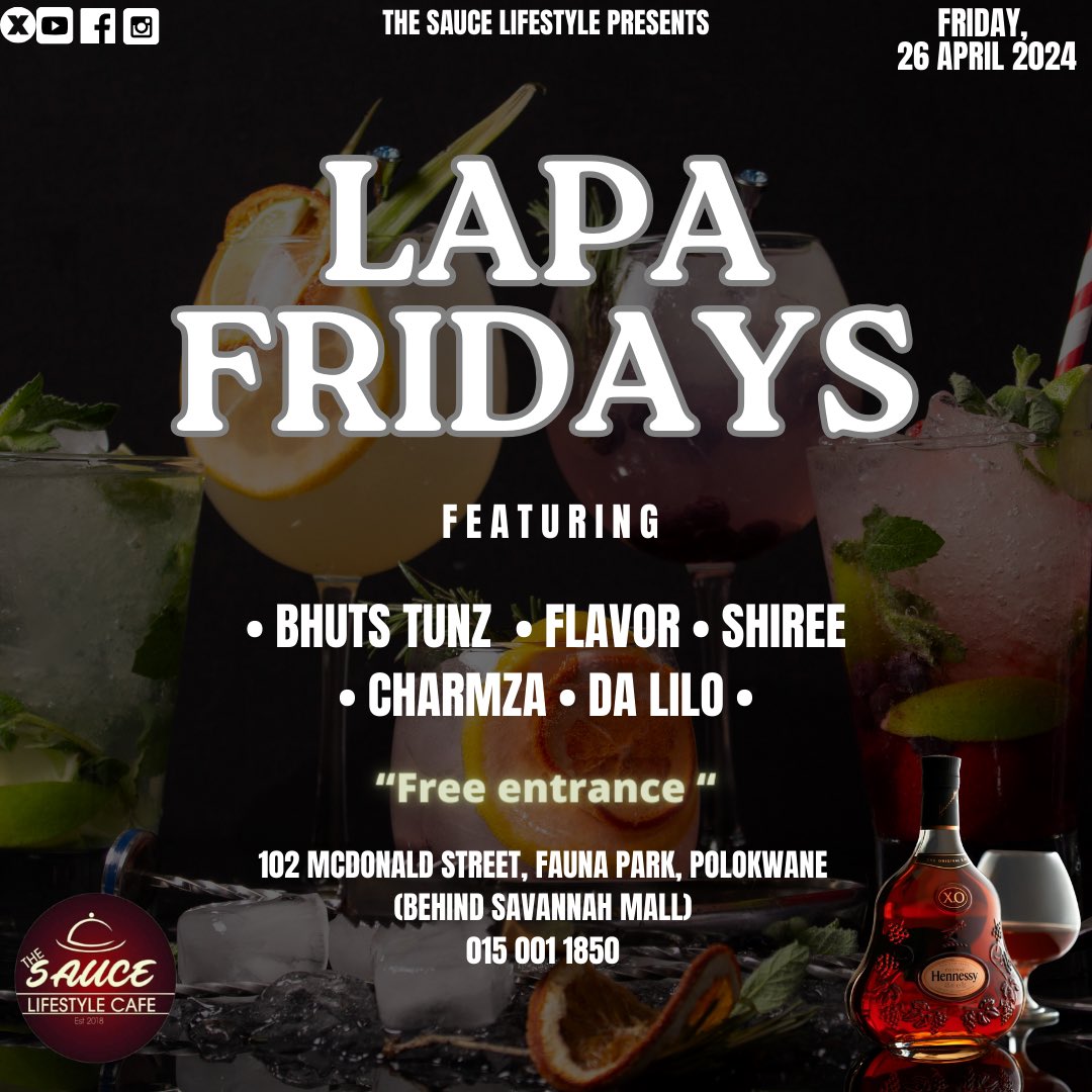 A GOOD FRIDAY DESERVES DEEP MUSIC 🔥🔥🔥

Get lost in the rhythm of soulful music with us on Friday, 26th of April 2024 for our #LapaFridays
Featuring: @bhutstunz @frederickflavor @charmza_dj @dalilo @shiree 
.
.
#thesaucelifestyle #deephouse #polokwane #polokwaneexperience