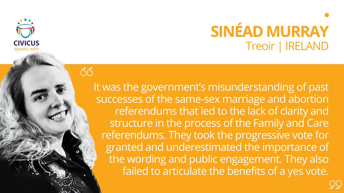 🇮🇪IRELAND: ‘The Family and Care referendums failed because the government overlooked the need to engage affected communities’ - Sinéad Murray of @treoir   
🔗web.civicus.org/SineadMurray 
#CIVICUSLens @rtenews