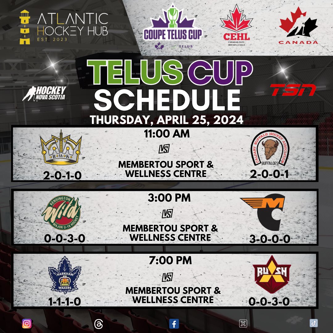 Day 5 2024 Telus Cup Thursday Schedule: 11:00 am AST - Brandon Wheat Kings vs Calgary Buffaloes 3:00 pm AST - Kensington Wild vs Magog Cantonniers 7:00 pm AST - Markham Waxers vs Sydney Mitsubishi Rush #2024TelusCup #AtlanticHockeyHub#Hockey