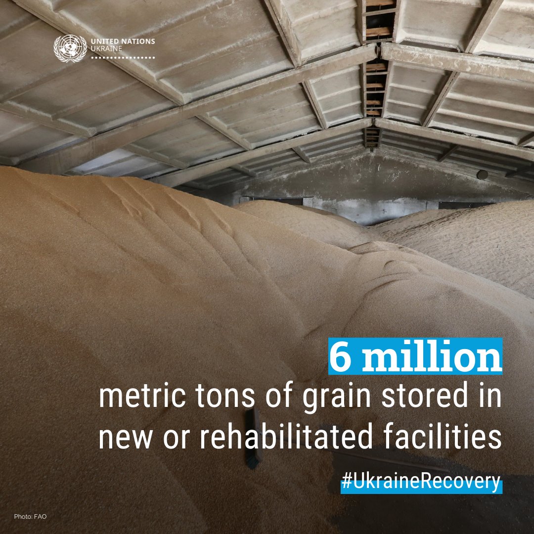 Ukraine's grain storage facilities have been repeatedly hit during Russian attacks over the past 2 years, impacting farmers already dealing with mine contamination & obstacles to exporting their produce. In 2023, the @UN supported the sector by repairing or building facilities.