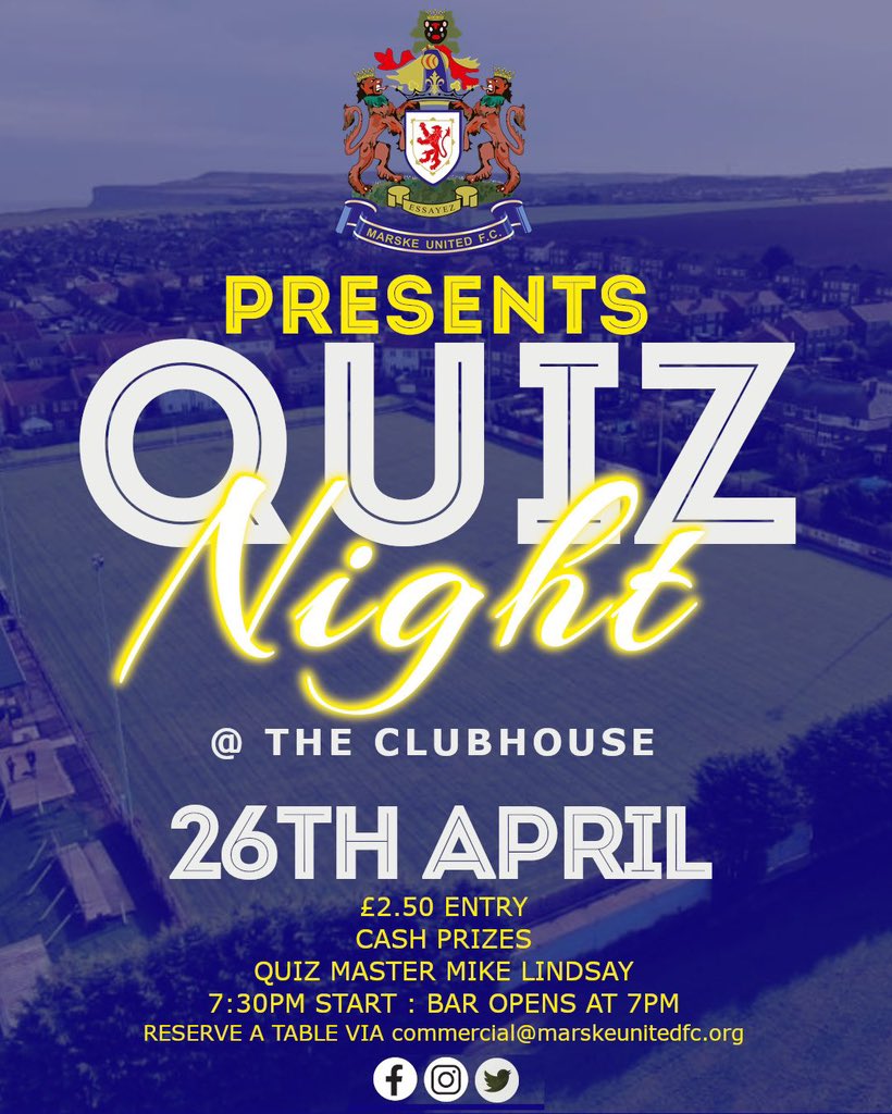 Come and join us at @MarskeUnitedFC for a Quiz Night at The Clubhouse, plus the Weekly Cash Draw too - message me to reserve your table asap. @BBCTees @zetlandfm @TeesTweets @NorthEastTweets @DiscoverCoast @RCAmbassadors @EClevelandNews @ClevelandWayNT @LoveNorthYorks1