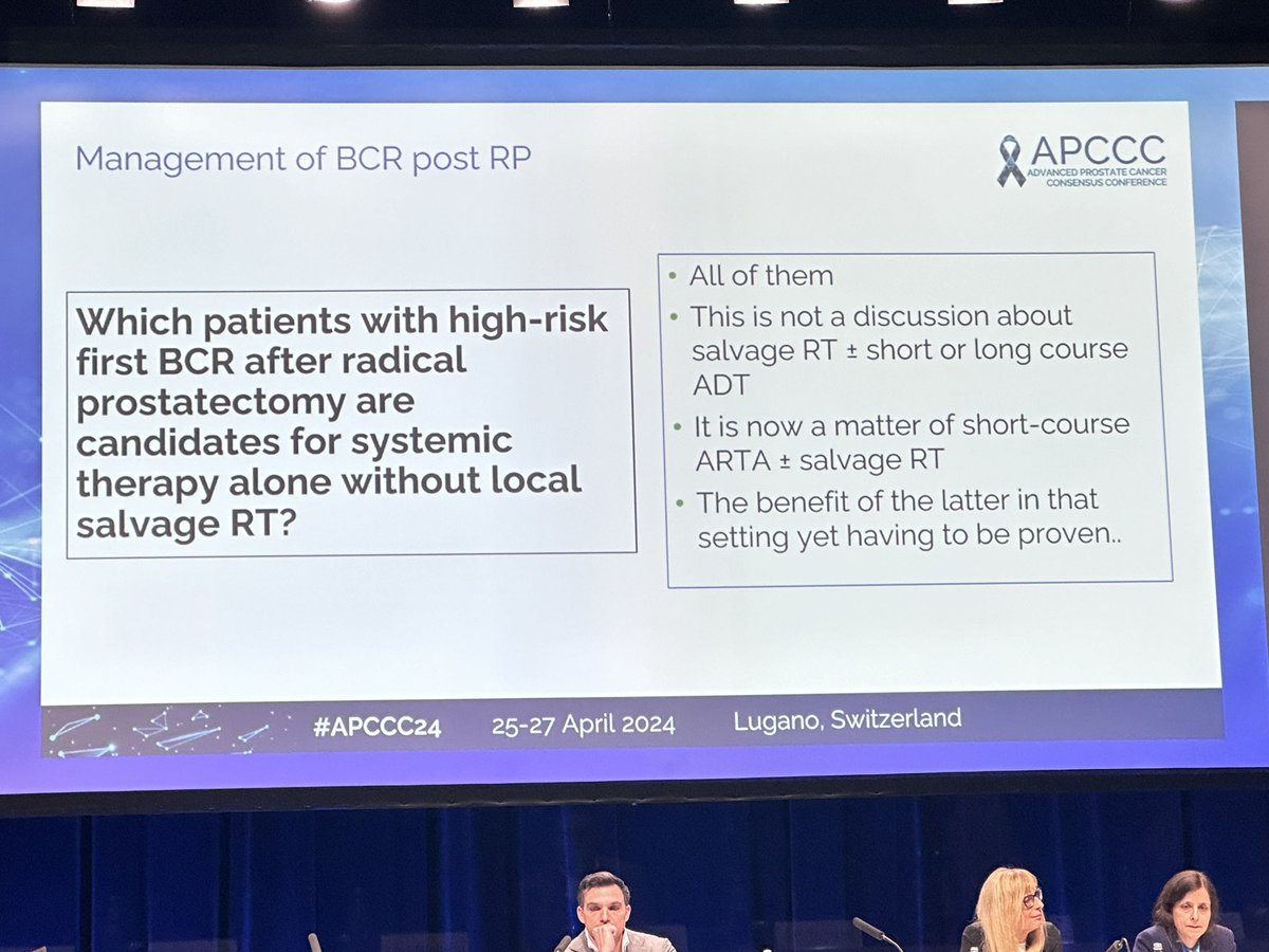 How do we approach high-risk prostate cancer with a biochemical recurrence after surgery? The choice between local and systemic therapy hinges on the location of the recurrence, guided by risk stratification and PSA kinetics. @BertrandTOMBAL #Apccc24 @APCCC_Lugano…