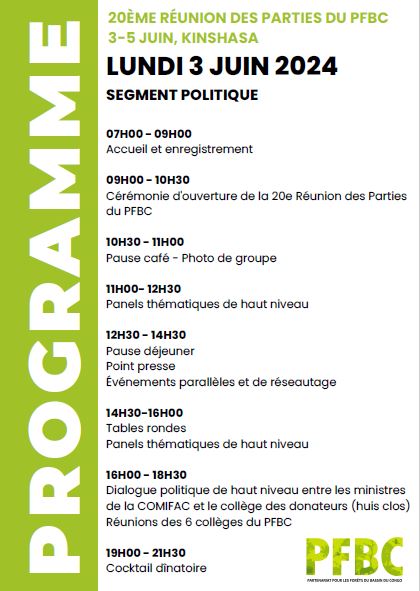 Le programme provisoire de la 20ème Réunion des Parties du PFBC #RDP20, #MOP organisée par la France🇫🇷 et le Gabon🇬🇦 est disponible, bien vouloir le télécharger 👉pfbc-cbfp.org/actualites-par… @FPambo @ChrisGuilhou @francediplo @AmbaFranceRDC @AFD_France @ird_fr @CIFOR_ICRAF_WCA