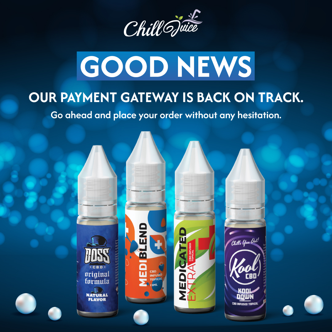 Ready to serve you better than ever! Our payment Gateway is back & better. Get ready for hassle-free shopping.

#Chilljuice #chilljuicecbd #cbdjuice #CBD #BackInBusiness #CustomerFirst #WeGotYouCovered #TechGlitchResolved #SorryForTheDelay #HappyShopping