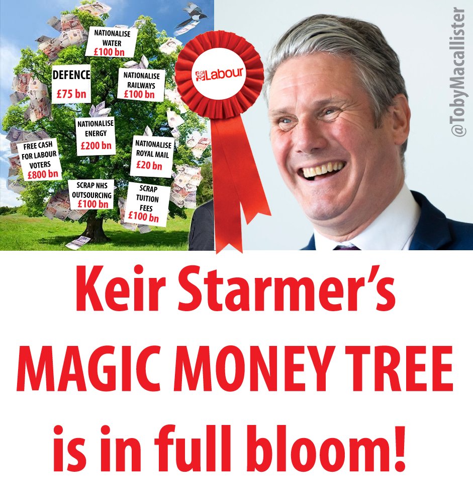 🌹 Keir Starmer has pledged to nationalise Railways, Energy, Water & Royal Mail, to scrap tuition fees, increase defence spending, limit NHS outsourcing & fund enormously costly green targets.

It's IMPOSSIBLE without bankrupting us!

It's lies, hold him to account!

#NeverLabour