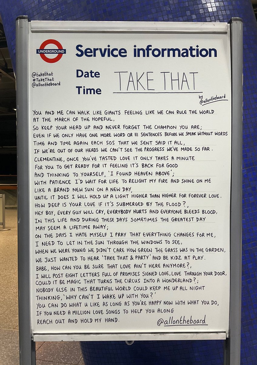 The legendary @takethat are performing at @TheO2 for 6 nights. Have an amazing time to everyone going to the concerts. The ‘Take That’ poem by @allontheboard is at North Greenwich station now. #TakeThat #ThisLifeOnTour #TheO2