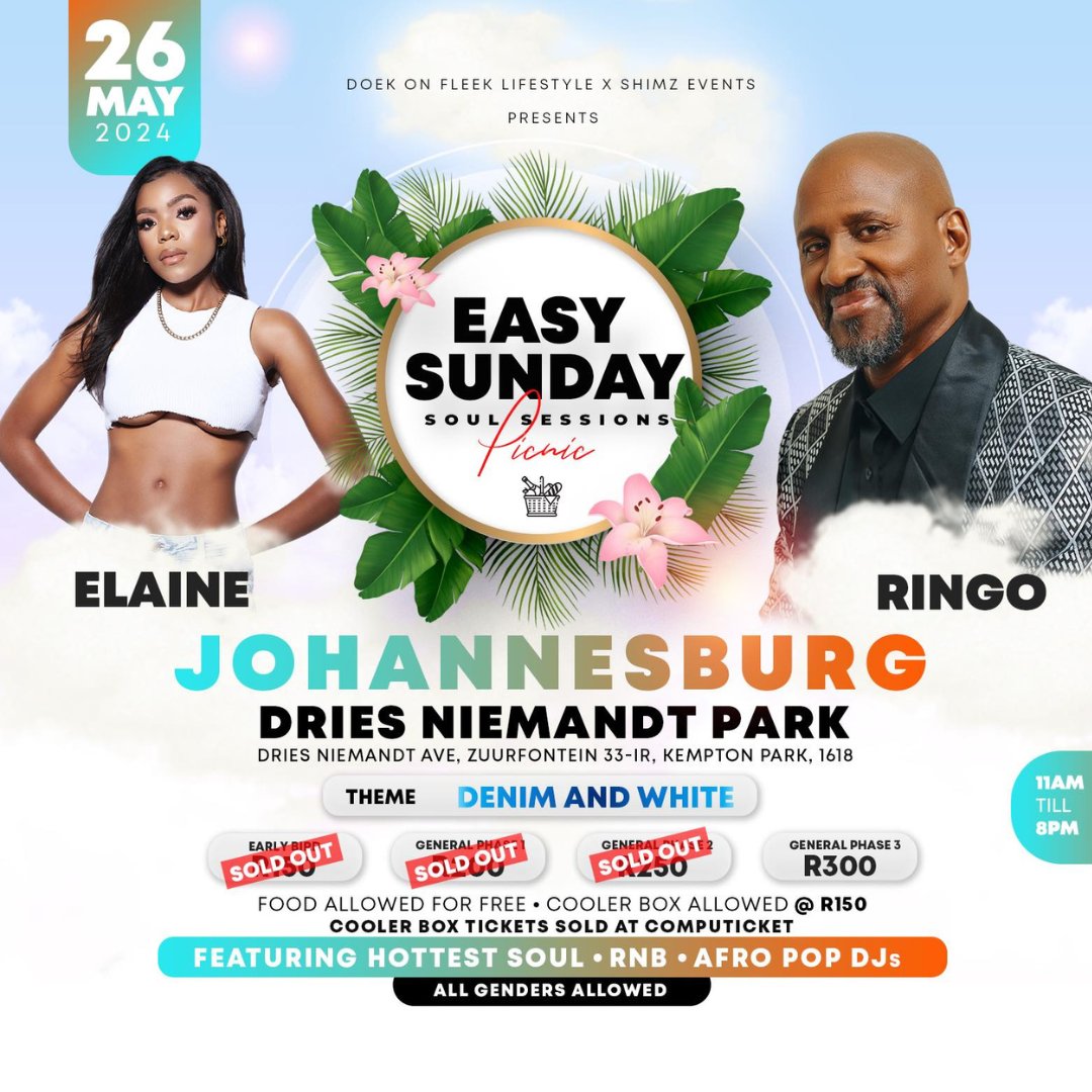 Dries Niemandt Park will be jumping once again for another Easy Sunday Soul Sessions Picnic, featuring your fav, Ringo and Elaine! Come correct and get dressed for this special event! 🔗 brnw.ch/21wJa4X 📍 Kempton Park 📆 26 May 💰 From R150