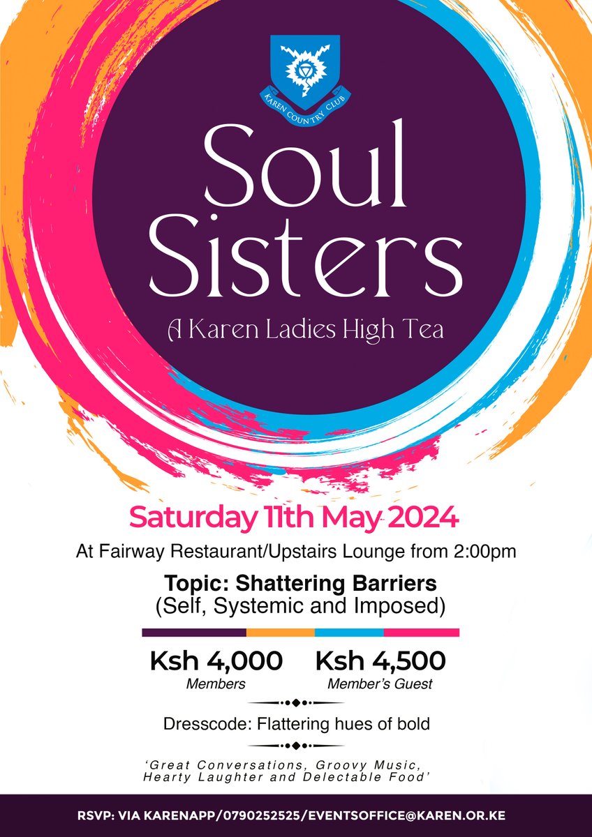 This one is for all the Soul Sisters! Join us as we shatter barriers and pave the way for a future where every woman thrives. Saturday, 11th May 2024 from 2pm RSVP: eventsoffice@karen.or.ke or 0790 252525 #WeAreKaren