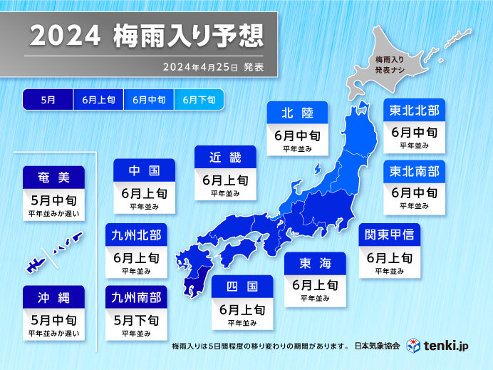 【発表】日本気象協会の梅雨入り予想、広く「平年並み」の梅雨入り news.livedoor.com/article/detail… 九州南部は「5月下旬」、九州北部、中国、四国、近畿、東海、関東甲信は「6月上旬」、北陸、東北は「6月中旬」に梅雨入りとなりそうだとのこと。今年は降水量が多くなることが予想されるという。