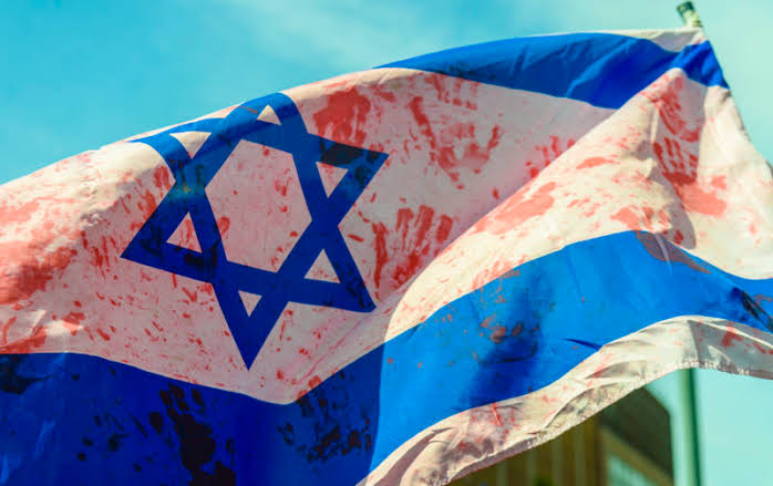 Symbol of genocide and murderers. When we see the Zionist Israeli flag, the first thing that comes to our mind is massacre and genocide. This flag is watered with the blood of the innocent Palestinian people. Israel and Zionists are genocidal murderers.