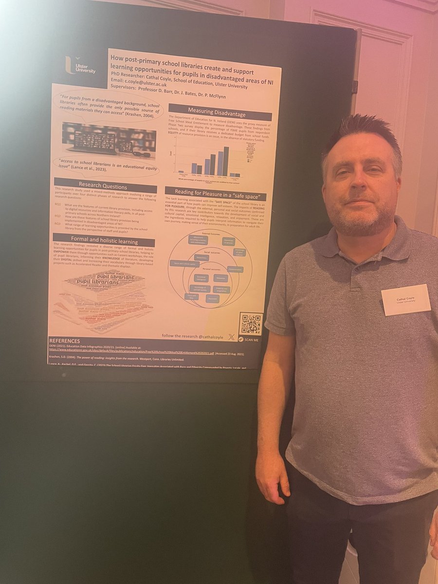 Very interesting poster presentation by @cathalcoyle from @UlsterUni at #CILIPIreLAI24 on his research into school library support for pupils in disadvantaged schools in NI.