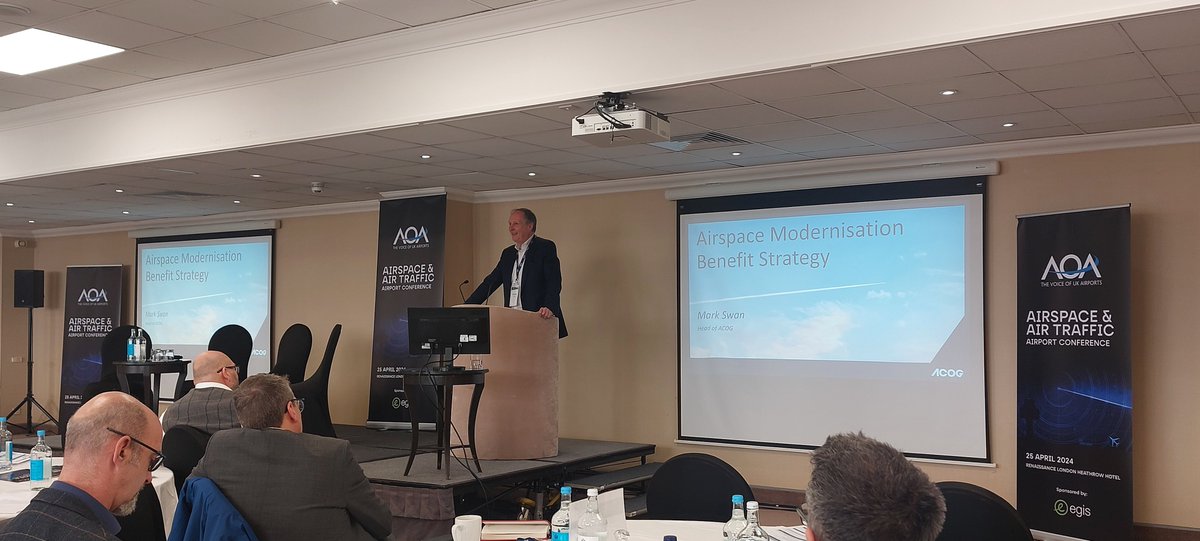 Mark Swan from
<a href="/ACOG_UK/">Airspace Change Organising Group (ACOG)</a>
briefs delegates on the next steps in the process of #airspacemodernisation and upcoming consultations around the country.