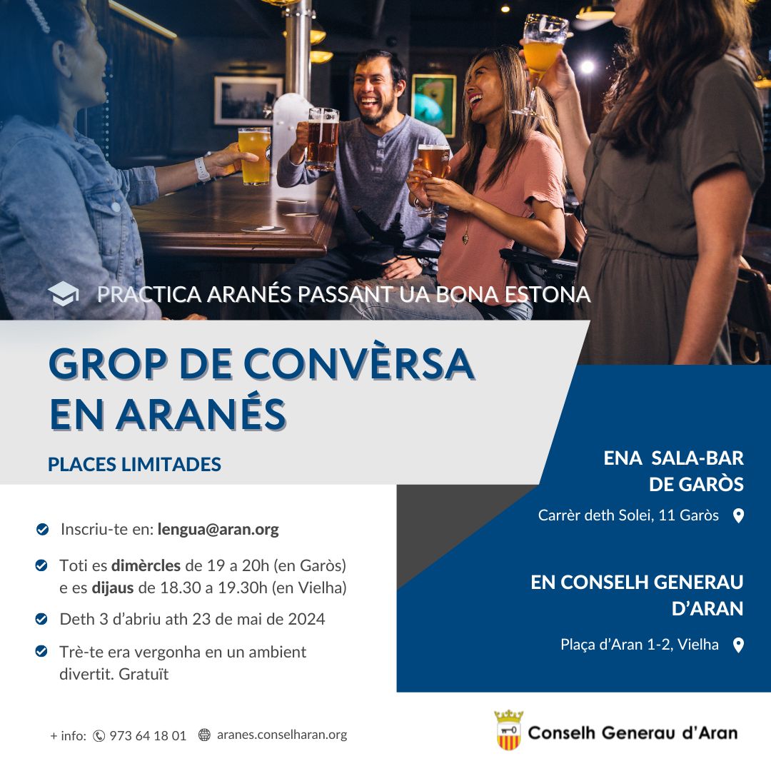 ❓ Coneishes eth nòste grop de convèrsa en aranés? Se vòs passar ua bona estona aprenent, vene a charrar, met en practica era nòsta lengua e hè naui amics e amigues! 👉Inscriu-te enviant un corrèu a: lengua@aran.org