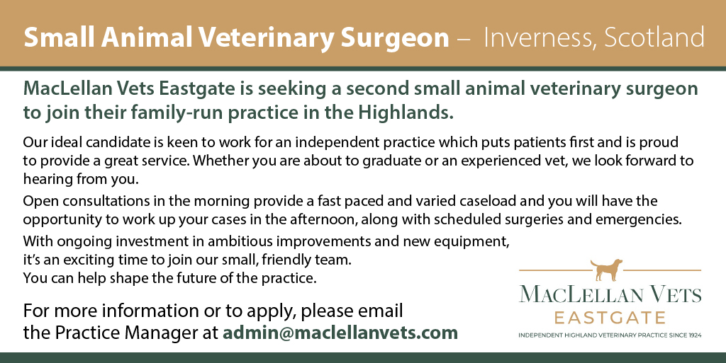 This is a brilliant opportunity for a small animal veterinary surgeon to join an independent practice in the Scottish Highlands.

See the job description: vetcommunity.com/vc/job/?id=252… 

#independentpractice #vetcareers