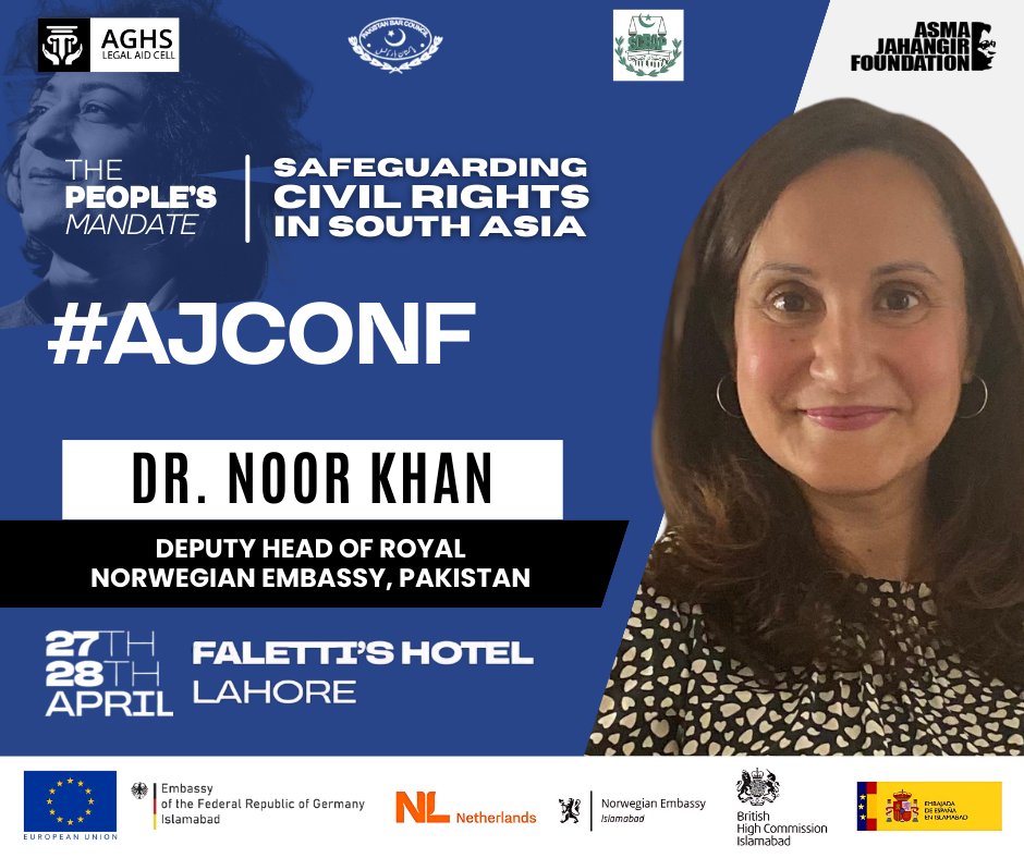 #AJCONF is here! Deputy Head of Royal Norwegian Embassy, Pakistan Dr. Noor Khan, will be participating in the #AsmaJahangir Conference 2024. Watch this space and follow @Asma_Jahangir for the event livestream on 27 - 28 April @NorwayinPak