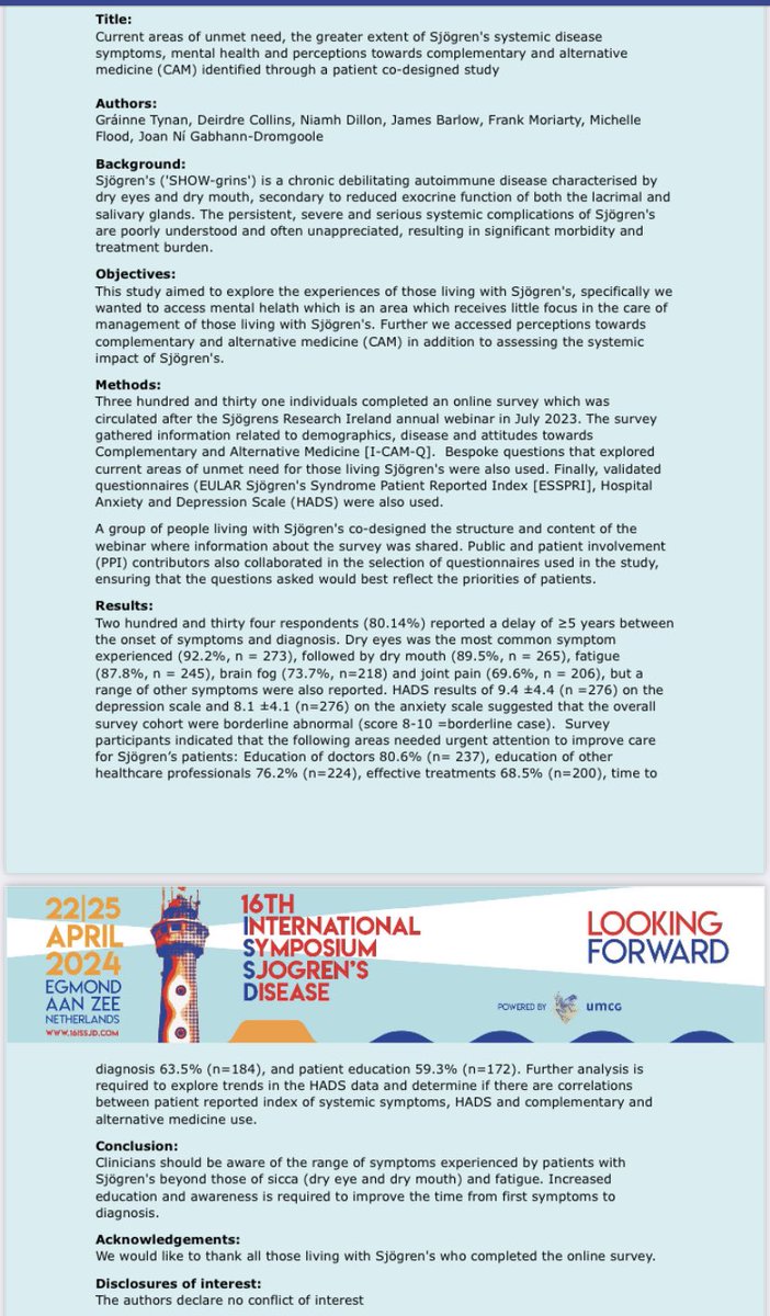 Congratulations to the Irish ☘️ study recognized by the Dutch Sjogren patient association as the most relevant study from the patients’ point of view. Great to see patients involved since study design @SjogrensIrl 💪🏻💪🏻👏🏻👏🏻