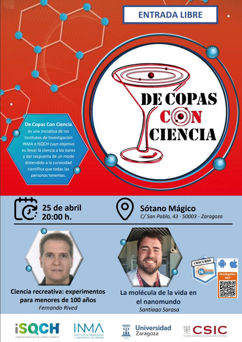 Esta tarde en #DeCopasconCiencia descubre la molécula de la vida con Santiago Sarasa y juega con la ciencia con Fernando Rived. ⚠️Recuerda a las 20h en @ElSotanoMagico 👉bit.ly/3xXVV94 @CSICdivulga @AragonCsic @UccUnizar @Ciencias_Unizar @EINAunizar