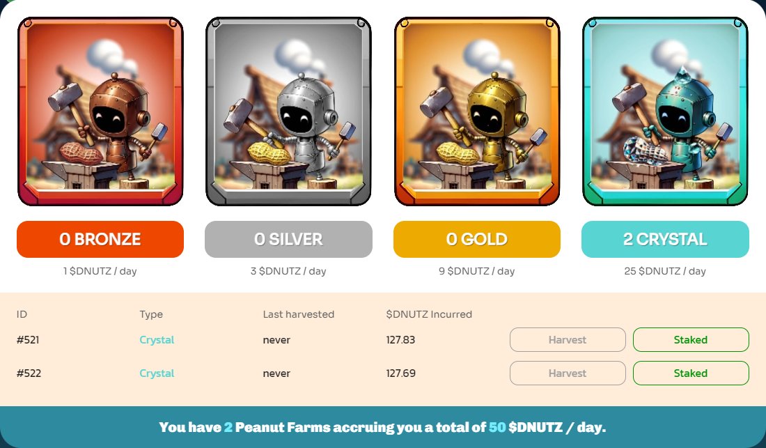 I just minted Two Crystal Farms from @GoPeanutGames With TGE in Q2 I can't be more excited. I'm currently earning 50 $DNUTZ everyday from holding and Blast Gold will also be prioritized to Crystal & Gold Farmers. What are you waiting for? Play their games and farm now.🧑‍🌾