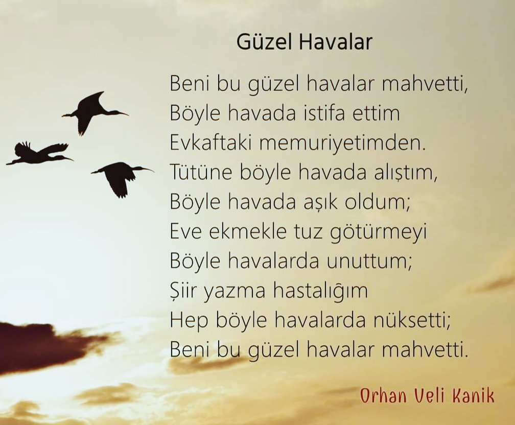 Beni bu güzel havalar mahvetti. 
Böyle havada istifa ettim, 
Evkaftaki memuriyetimden.
Tütüne böyle havada alıştım.

Beni bu güzel havalar mahvetti.🖤

#Perşembe 
#GüneBirSiir 
#OrhanVeli
#Güzelhavalar