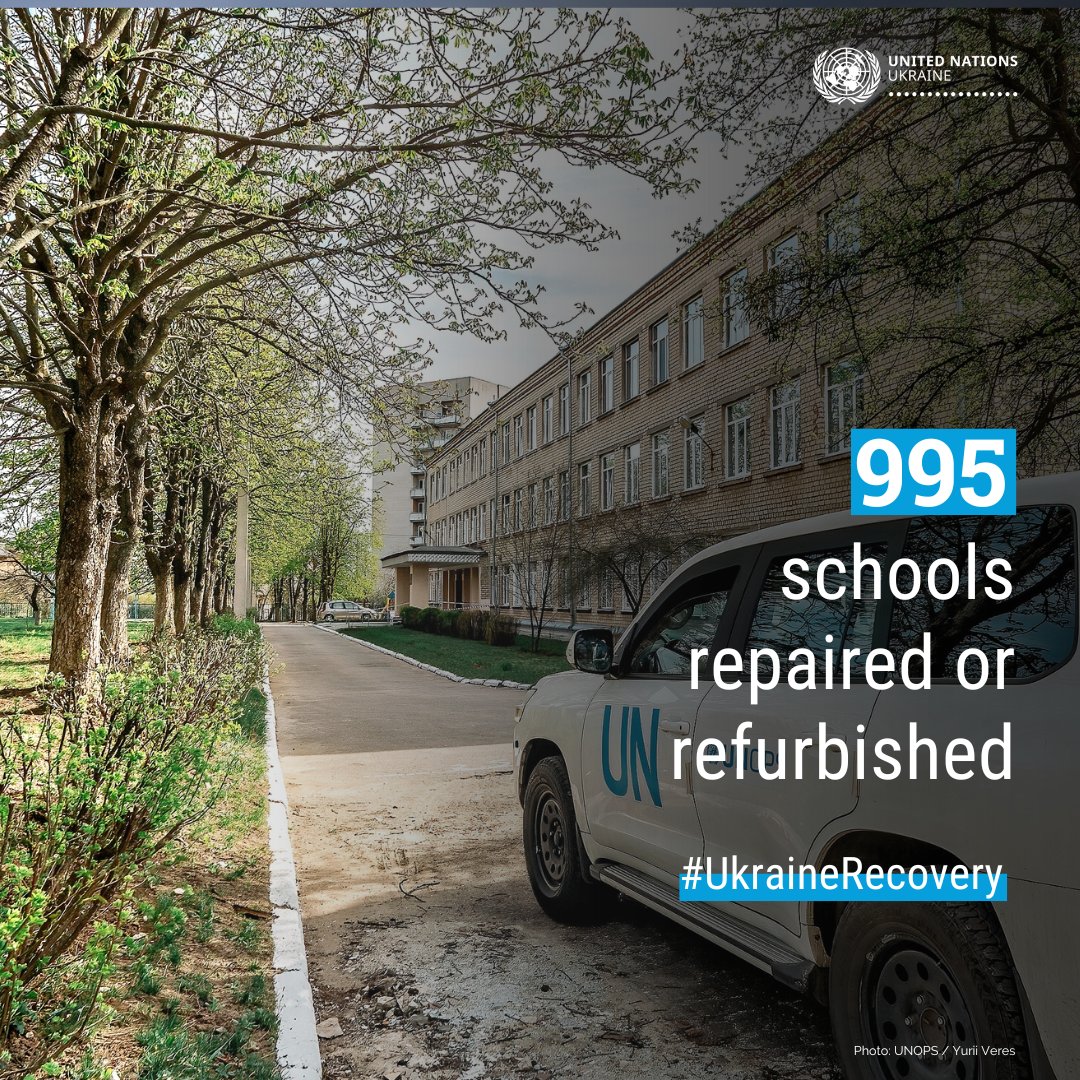 In 2023, @UN_Ukraine's recovery efforts saw 995 schools and kindergartens repaired, with some 80,000 children benefitting from rehabilitated education infrastructure. In 2024, this work continues. Learn about what @UNOPS does with support from @eu_echo: bit.ly/3O00PrX