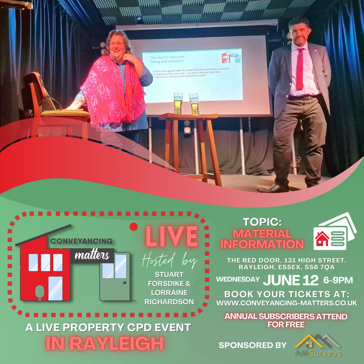 We're back for another live event on June 12th, sponsored by @AmSurveys! 🎤
Join us in Rayleigh to discuss the hot topic for estate agents and conveyancers - Material Information 📄🏡
Get your tickets now: bit.ly/3SBPbEK
Hosted by @AdaptLaw & @stuartforsdike