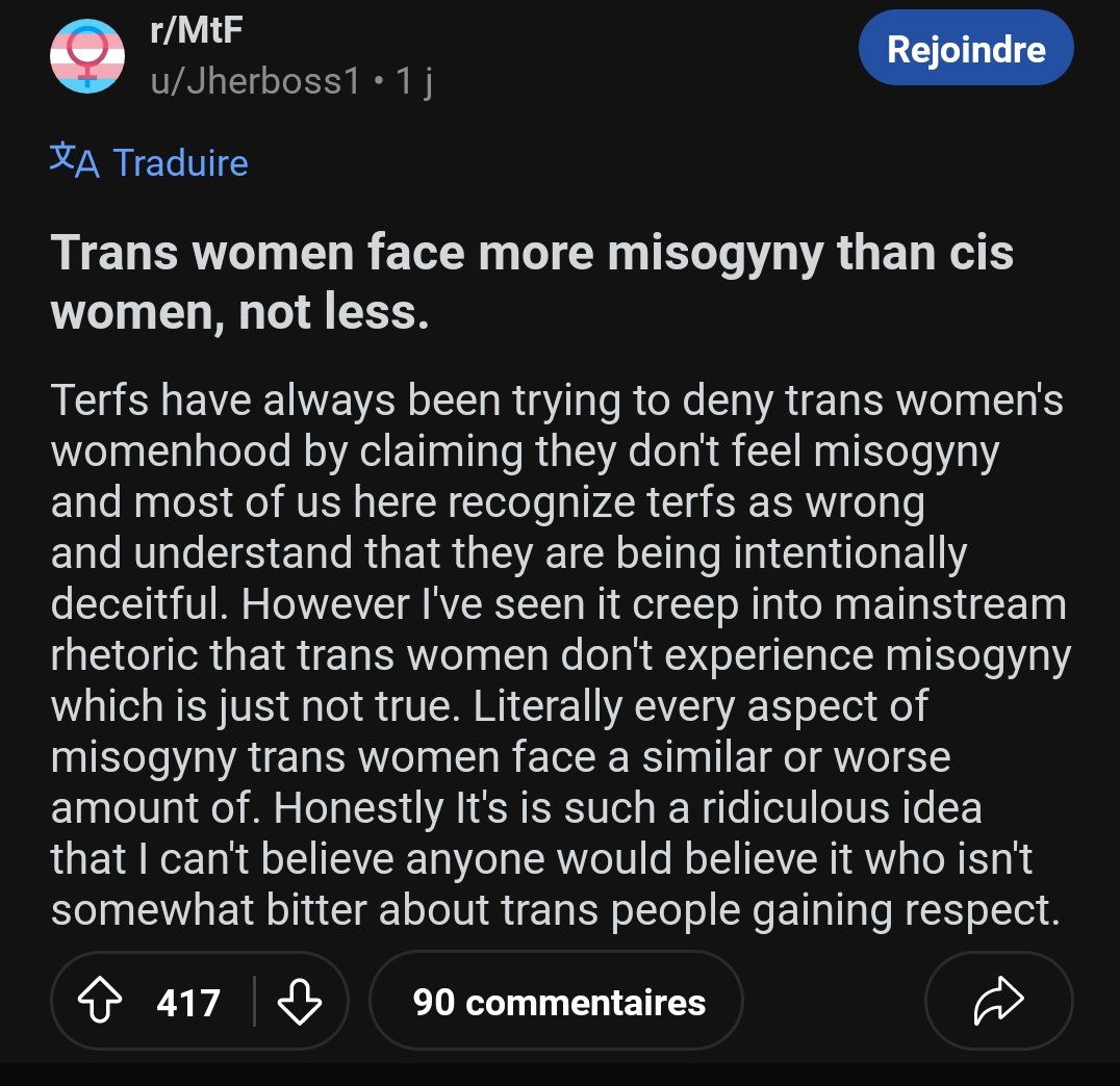 Transwomen don't face misogyny because only women face misogyny 🤷‍♂️