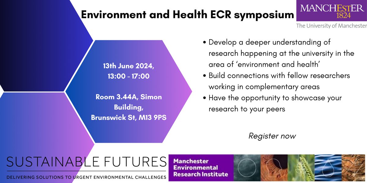 🚨1 more week!🚨 In collaboration with @UoM_MERI, we are looking for @OfficialUoM ECRs to present a lightning talk or submit research posters on the impact of: 🌿#pollution on health 🌍#climatechange on health 🌳#greenspace on health Apply by 1 May: bit.ly/3JojdYk