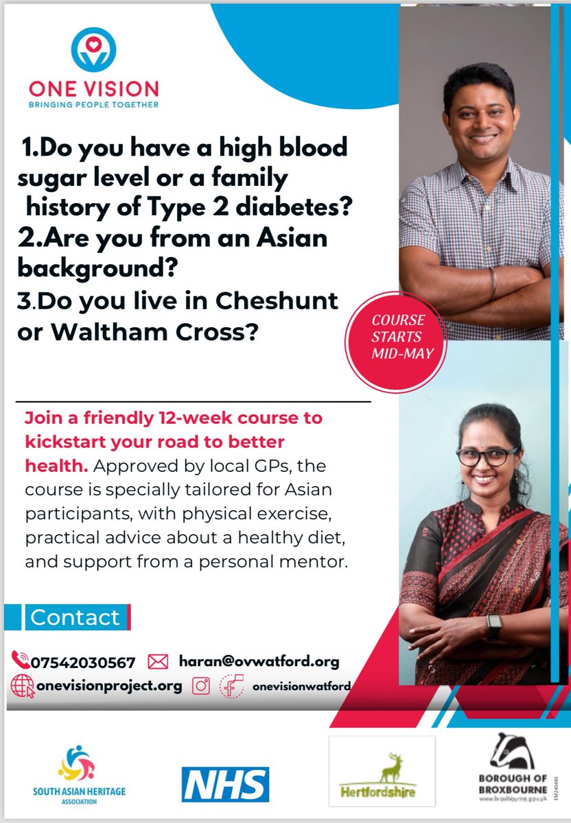 One Vision Partners with Broxbourne Council to tackle Diabetes 
If you've been struggling with high blood sugar levels or have a family history of Type 2 diabetes, we're here to support you! Especially if you're from South Asian background and reside in Cheshunt or Waltham Cross.