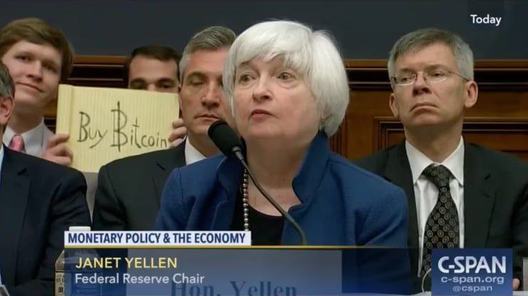 7 years old 'Buy Bitcoin' sign sold for $1 million The iconic 'Buy Bitcoin' sign, famously displayed behind Janet Yellen during her 2017 Congressional testimony, has been sold for 16 BTC, amounting to over $1 million. The auction, conducted by Scarce City at PubKey, a Bitcoin