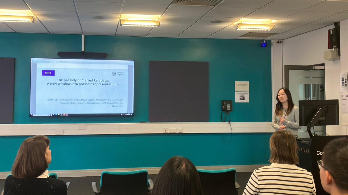 Buhan Guo is presenting on "The prosody of Clefted Relatives: A new window into prosodic representations"