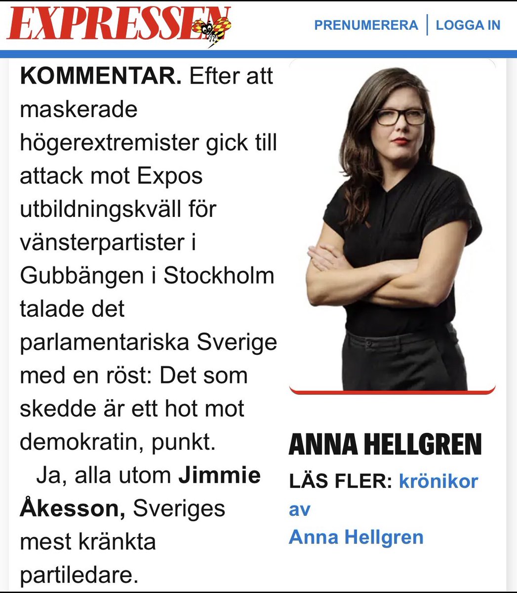 Attacken i Gubbängen var fruktansvärd. (Detsamma gäller attackerna mot Ebba Busch och Ulf Kristersson nyligen.) Det finns dock mycket att säga om den efterföljande debatten. Lågvattenmärket står dock @annahellgren för. Det är illa nog att hon insinuerar och försöker koppla