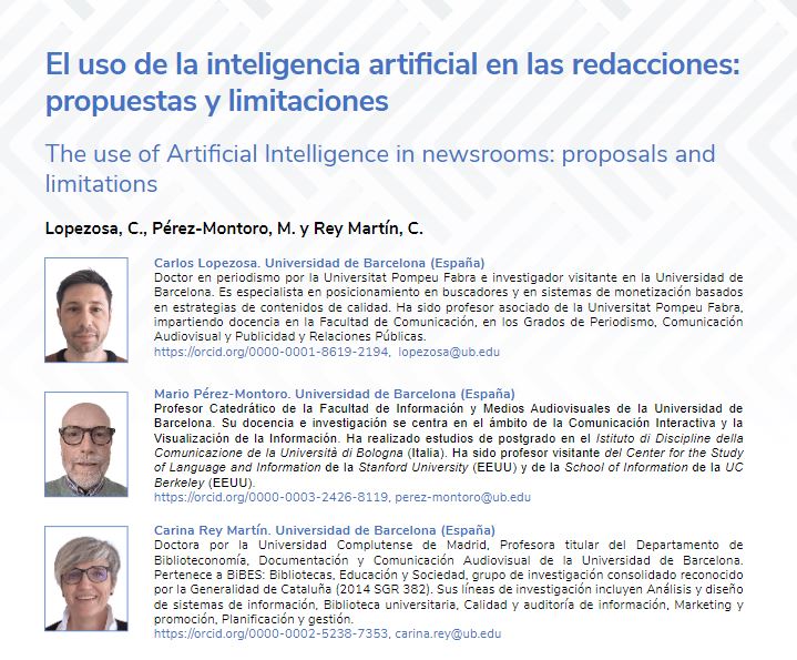 «El uso de la inteligencia artificial en las redacciones: propuestas y limitaciones» de @CarlosLopezosa, @mperezmontoro y @carinareym, trata los efectos actuales y futuros de la IA en el sector periodístico, centrados en la ética. @RevComUdep: doi.org/10.26441/RC23.…