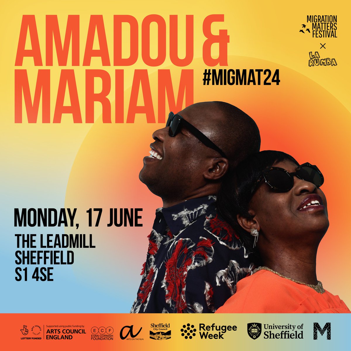 New Show Announcement - Amadou &amp; Mariam  🚨

Headlining this years' <a href="/MigMatFest/">Migration Matters Festival</a> in collaboration with <a href="/LaRumbaMusic/">La Rumba</a>, Malian world music titans Amadou &amp; Mariam join us this June💃

Tickets for this rare, intimate headline show are on sale right now from leadmill.co.uk/event/amadou-m…