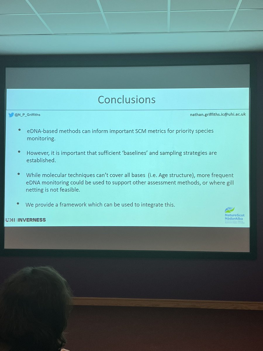 Interesting talk by @N_P_Griffiths on the use of integrating #eDNA into site condition monitoring for freshwater fish. Can eDNA meet the necessary metrics & data recommendations needed? Need a baseline study and minimum sample numbers based on metrics needing to be met #UKDAWG24