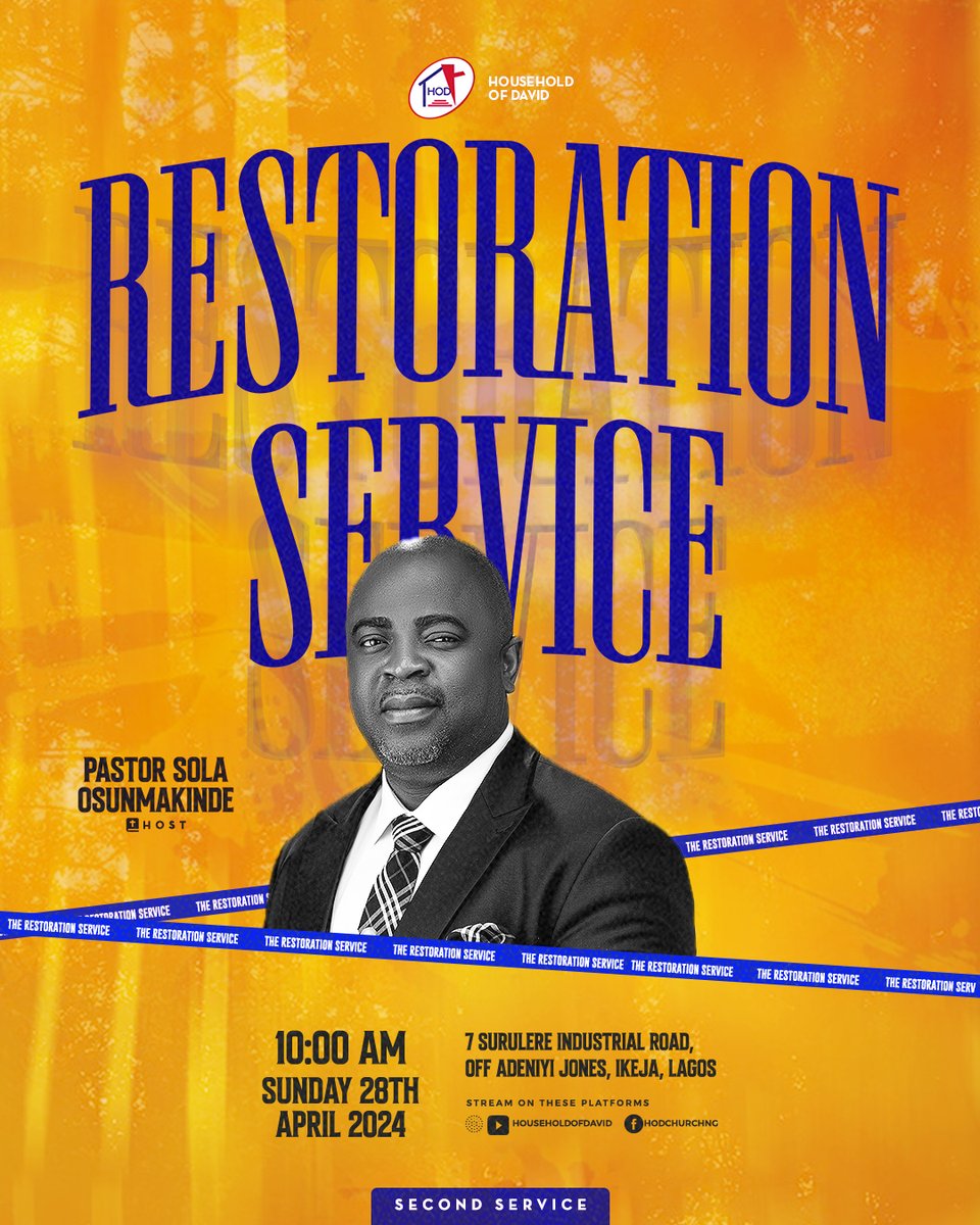 Join us this Sunday in the second edition of the Restoration Service and experience the transforming power of God over your life. Prepare for a refreshing time of worship with Pastor @nathanielblow, even as we pray and go deeper into God's Word. #HouseholdOfDavid