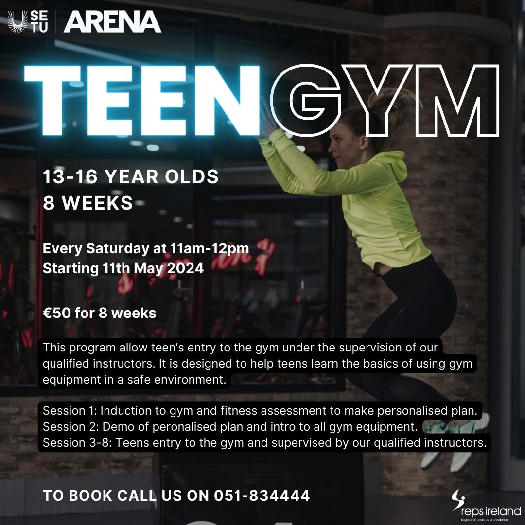 Join our new 8 week block of Teen Gym starting on 11th May from 11am-12pm! 💪 This is the perfect opportunity for teens aged 13-16 to learn the gym basics in a safe and encouraging environment. Limited spaces available, so contact us at 051-834444 to secure your spot now!