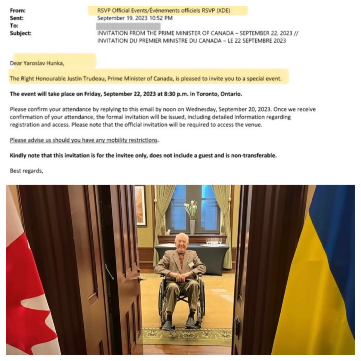 As we deal with outrage over Pierre making an unplanned stop at a protest, never forget the Libs brought a Nazi into our House of Commons & sent him a formal invitation to dinner on behalf of PMJT. All that’s missing in the picture below is a swastika scribbled on the door.