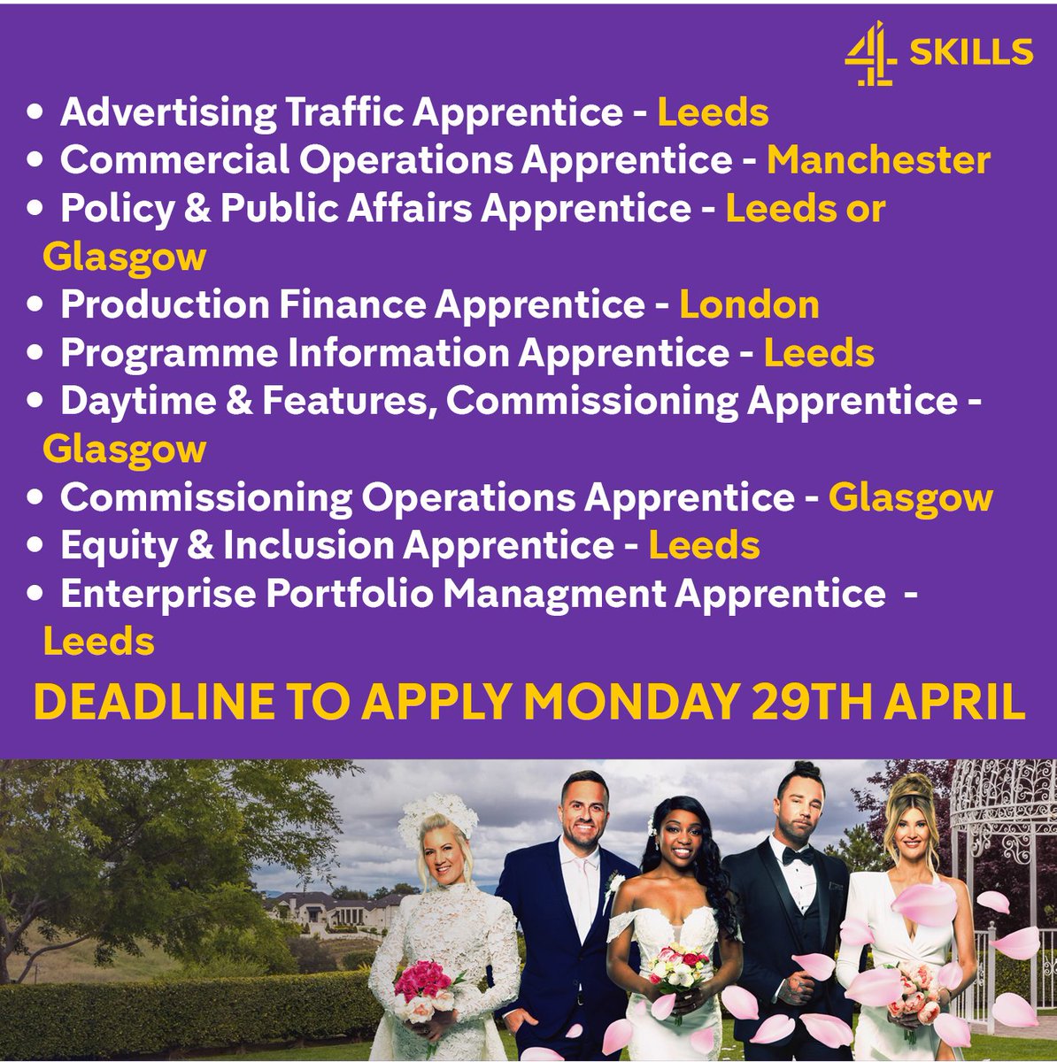 🚨We've extended the deadline on some of our apprentice roles! The new deadline to apply is Monday 29 April, you'll find a list of the roles still open below and on our website careers.channel4.com/4skills/appren…
#apprenticeships #applynow