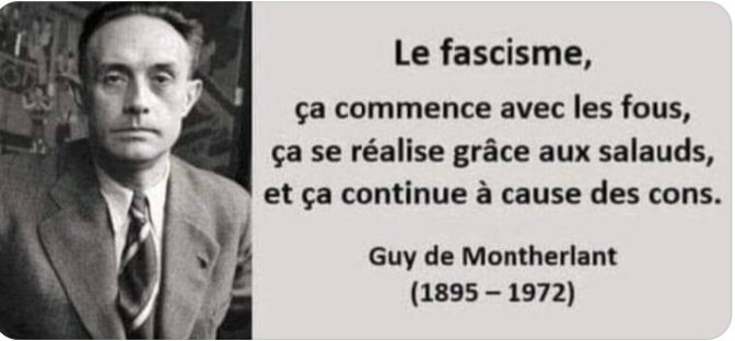 Gil_Lou_007's tweet photo. @RNational_off
“Ainsi commence le fascisme. Il ne dit jamais son nom, il rampe, il flotte, quand il montre le bout de son nez, on dit : C'est lui ? Vous croyez ? Il ne faut rien exagérer ! Et puis un jour on le prend dans la gueule et il est trop tard pour l'expulser.” https://t.co/1KqulvwCiq